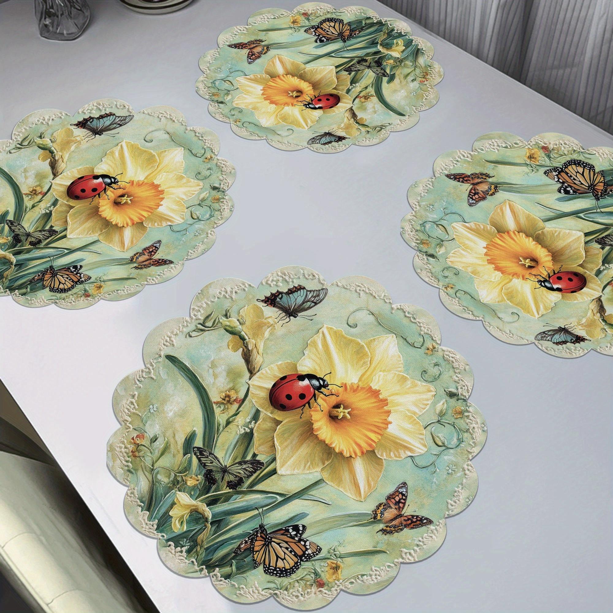 TEMU 4pcspcs Ladybug & Placemats Suitable For Dining Table - Non-slip Heat-resistant Round Placemats, Spring Table Decor With Ladybug & , Fabric, Fits Round Dishes (hand Wash Only)