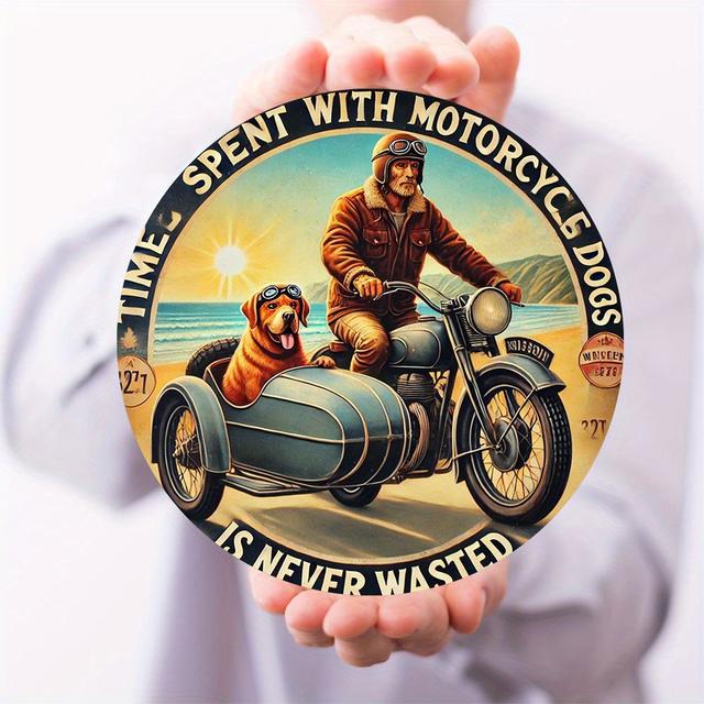 TEMU [2d Flat] 1pc Retro Round Metal Wall Art "motorcycle Dogs" Aluminum Tin Plaque, 8x8 Inch, 20cm X 20cm, Unique Gift, For Home, Cafe, Bar, Garage Decoration, Room Decor