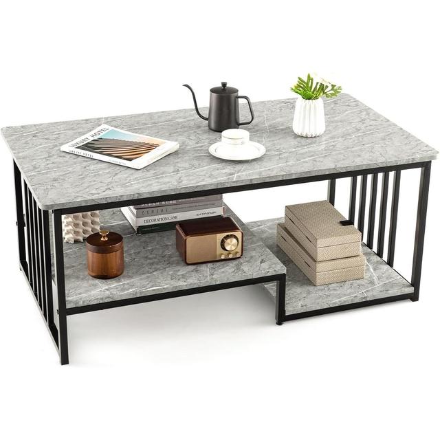 TEMU Table Basse Moderne au Design Contemporain avec Marbre et 2 Étagères, Cadre Métallique Robuste, pour ou à Domicile, 110 x 60 x 45cm, Table Basse pour Salon