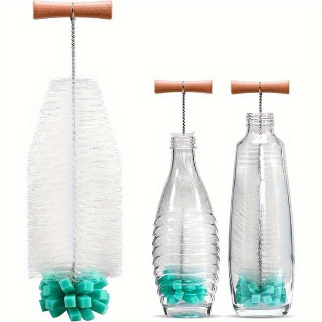 TEMU Ergonomická Rukojeť, Bílé Štětiny a Zelená Houbička – Ideální pro Skleněné -plastové Lahve. Silné Čištění Bez Poškození