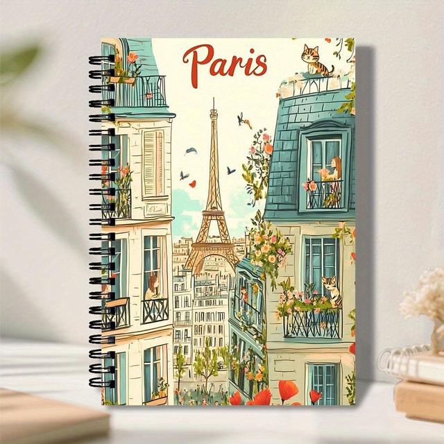 TEMU دفتر مزدوج بتصميم فرنسي رومانسي مستوحى من - 5.7x8.3 بوصة، ورق عالي الجودة، دفتر بتصميم برج إيفل ومباني فرنسية، مثالي للمكتب أو المدرسة أو هدايا للأصدقاء والعائلة، دفتر