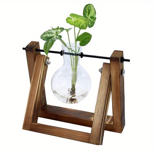 TEMU 1 Set, Terrarium Hydroponic Plant Vases Vintage Flower Pot Transparent Vase Wooden Frame Glass Tabletop Plants Home Bonsai Decor