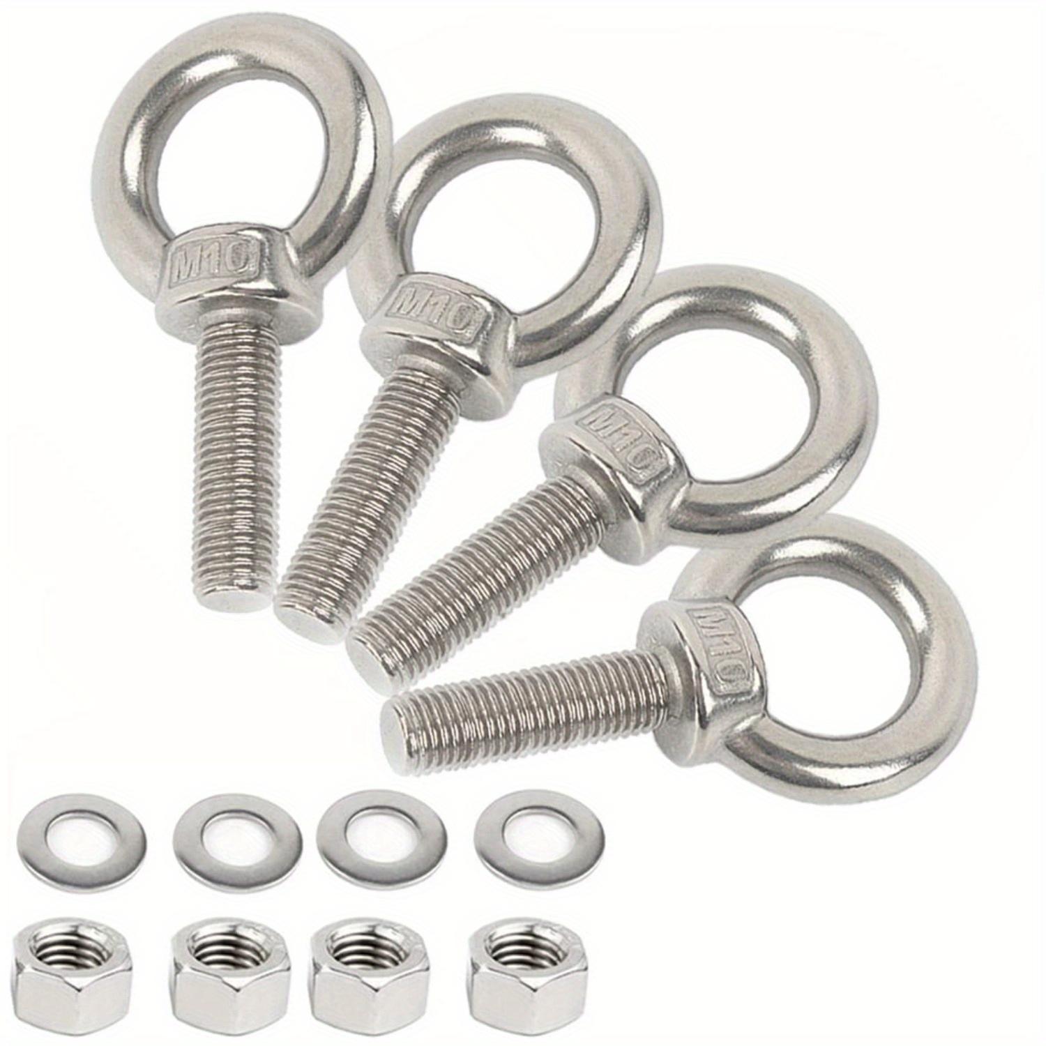 TEMU 4pcs M10 Stainless Steel Eye Bolts With Hex Drive, Raising Ring, Flat Surface, Partial Thread, Washer And Nut For Lifting, Pulling, Fastening