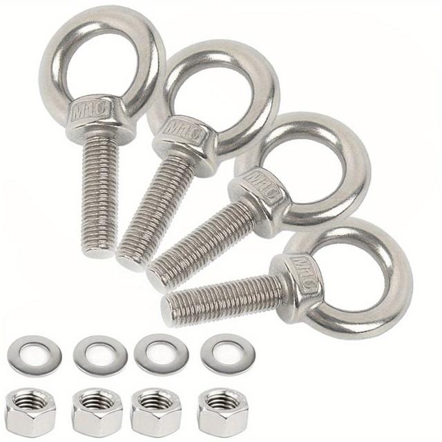TEMU 4pcs M10 Stainless Steel Eye Bolts With Hex Drive, Raising Ring, Flat Surface, Partial Thread, Washer And Nut For Lifting, Pulling, Fastening