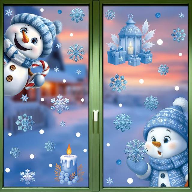 TEMU 2 Sheets Christmas Stickers, Blue Cartoon Santa Claus Glass Stickers, Bell Snowflake, Snowman Static Sticker