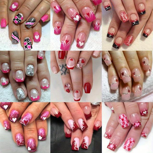 TEMU 216pcs (9pcs)valentine's Day Press-on Short Square False Nails Press-on False Nails Acrylic Nails Glittering Nail Glue Valentine's Day Women's Artificial Nails (short Square )