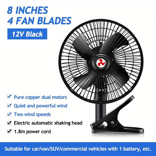 TEMU 12/24v Car Fan, 8-inch, Dual Motor Control, Dual , Can Swing , With Car Plug, For Car, Suv, Rv, Truck, Without Battery