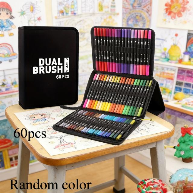 TEMU 60-color Double-ended Watercolor Pens, Adult Coloring Book Art Pens, Christmas Card Painting, Calligraphy, Diary, Graffiti, School Supplies, Halloween Gifts, Professional Art Use