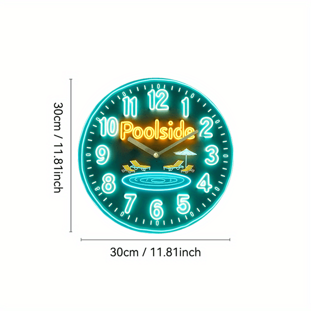 TEMU 1 Piece Of A Quiet Neon Wall Clock Featuring A Design Of Water And Chair, Perfect For Outdoor And Poolside Decoration - An Ideal Summer-themed Gift For Valentine's Day, Powered Batteries