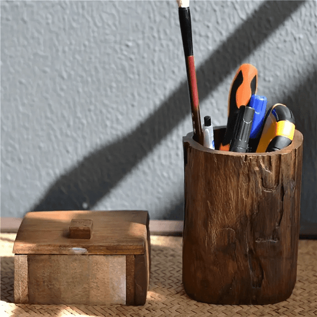 TEMU Rustic Wooden Pen Holder, Storage Bucket For The Office Desk
