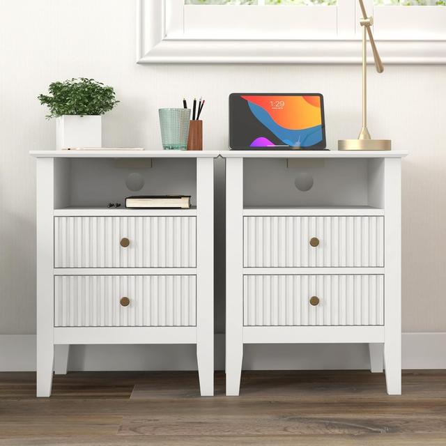 TEMU Royalcraft White Nightstand With Charging Station, Fluted Sofa Table With 2 Storage Drawers Cabinet, Wood End Table For Bedroom