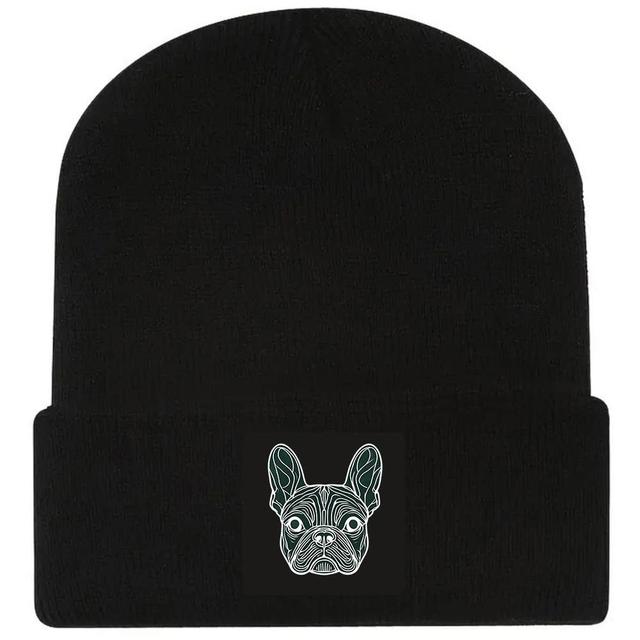 TEMU 1개 프렌치 불독 라인 아트 비니 모자 - 다크 그린/블랙 스트레치 유니섹스 겨울용, 아이코닉 프렌치 얼굴, 가볍고 따뜻한 강아지 애호가 선물 (크리스마스, 발렌타인데이, 부활절) - 세탁기 사용 가능한 펫 테마 액세서리