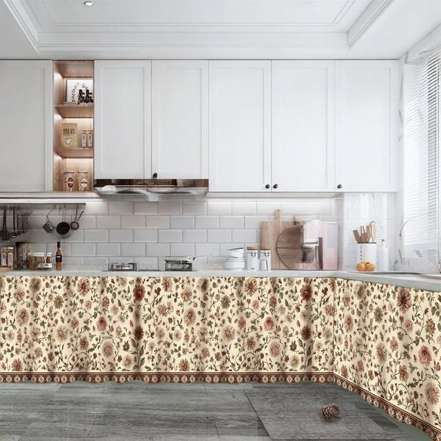 TEMU 1pc, Polyester Table Skirt, Spring And Summer Retro Yellow-green Floral Branch Design Pattern Table Skirt With Curtain Holes, Easy To Hang, Suitable For Home Kitchen Cabinet Decoration