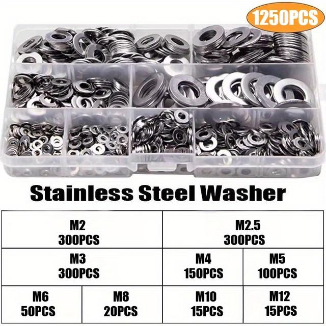 TEMU 1250pcs 304 Stainless Steel Flat Washers Classification Kit (m2 M2.5 M3 M4 M5 M6 M8 M10 M12) For Home Decoration, Factory Repair, Kitchen, Shop And Outdoor Work