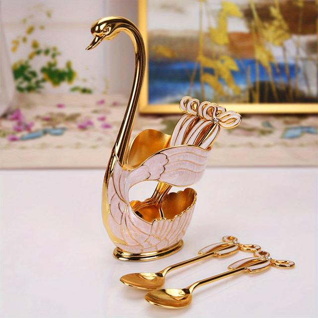 TEMU Coffee Dessert Spoon Set European Elegant Swan Holder Decorative Tablewaregold
