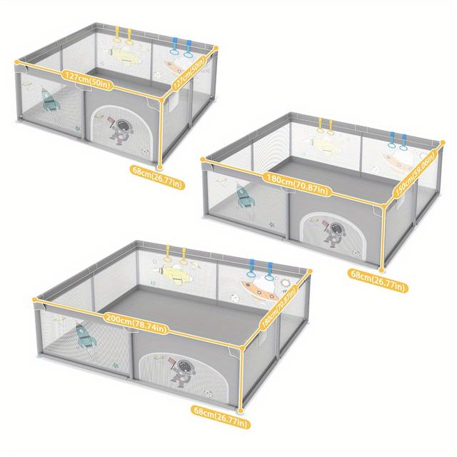TEMU Playpen 3 Sizes Grey Patterned Playpen With Crawling Gate, Ball Pit And Pull Ring