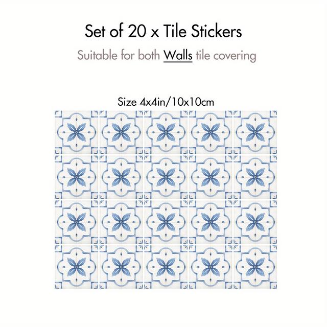 TEMU 20pcs Floral Vinyl Wall Decals, Peel And Stick Waterproof Tile Stickers For Kitchen And Living Room Decor, 4x4 Inch, Easy Diy Home Decoration
