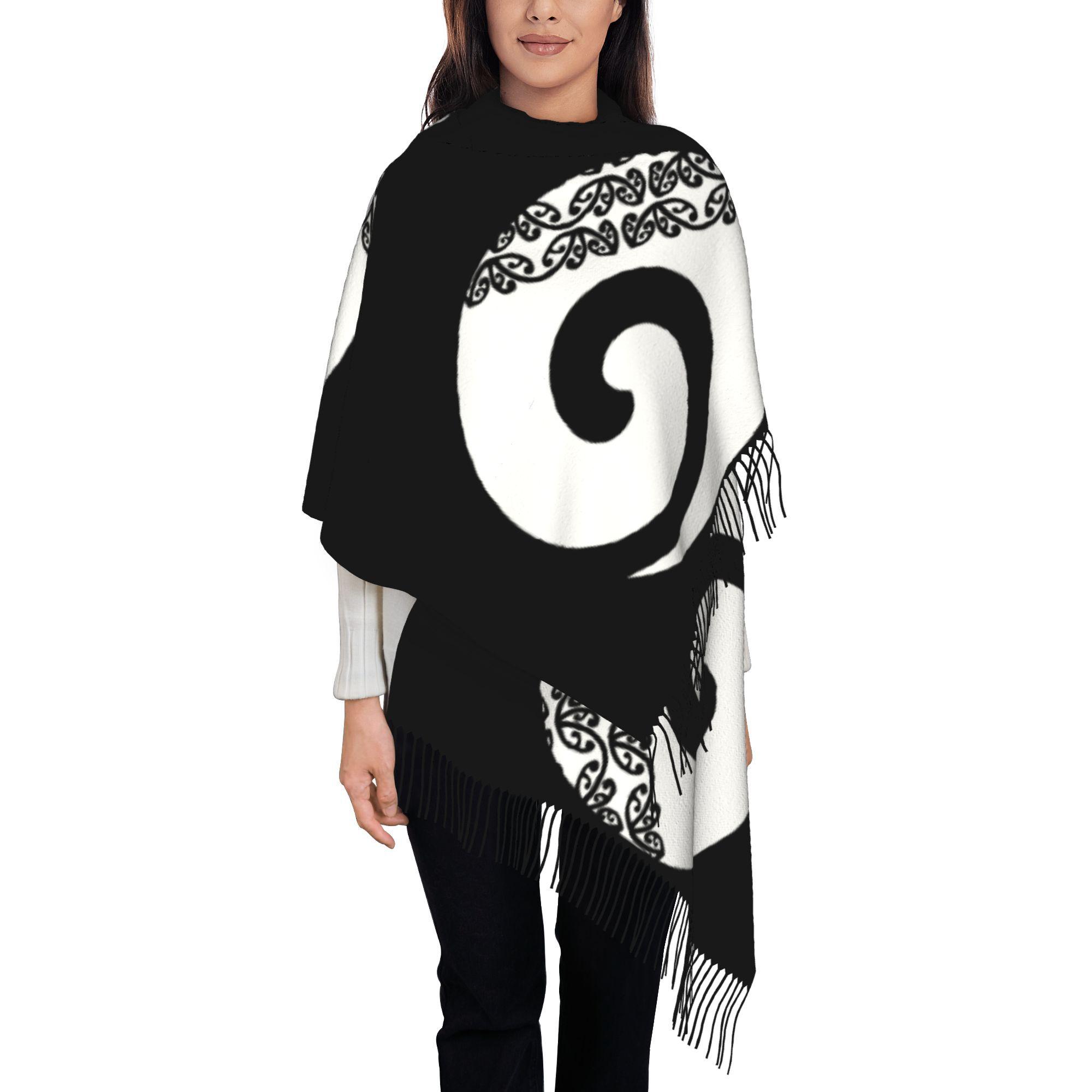 TEMU Maori Koru Symbol White Scarf & Shawl - Unisex Maori Tribal Tassel Accessory, Windproof Warm For &, Cultural Gift For Travel, Birthdays, Christmas - Icon