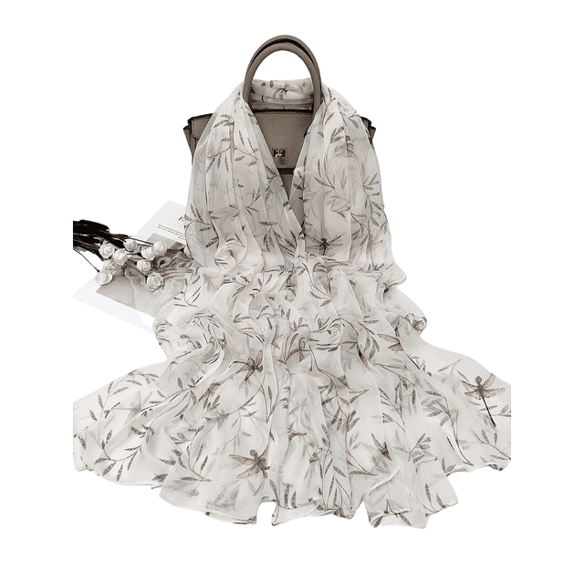 TEMU 100% Scarf Shawl - Lightweight Breathable Elegant White With Blue-gray Dragonfly Print, Versatile Fashion Accessory For Casual & Formal Outfits, Sophisticated Style,