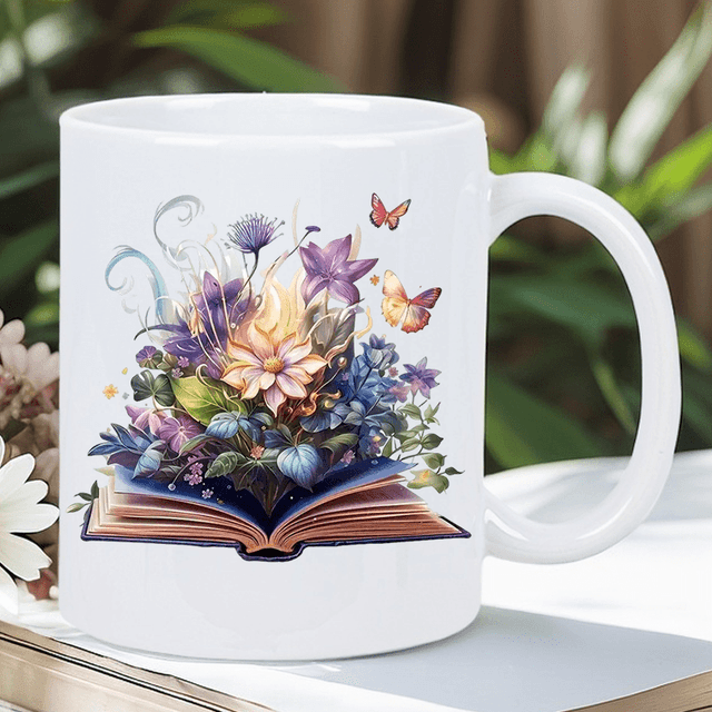 TEMU 1pc Caneca de Café Cerâmica 11oz - Copo Térmico Reutilizável, Apenas Lavagem à Mão - Perfeito para Amantes , Branco com Design Colorido de Flores e Borboletas