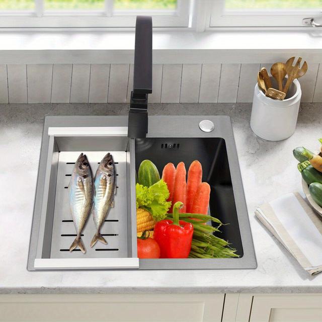 TEMU Oukaning Stainless Steel Kitchen Sink Black With Waste Set Kitchen Faucet Soap Dispenser 40*45cm Stainless Steel Kitchen Sink Built-in Sink Sink With Tap Waste Set