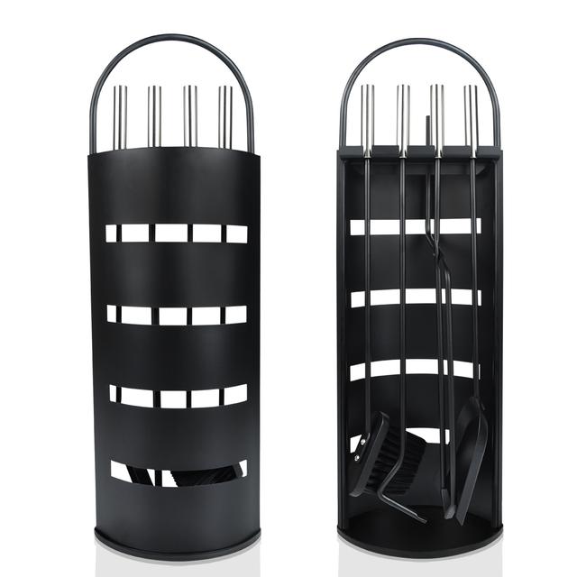 TEMU 5pcs Kaminzubehör Edelstahl Kaminwerkzeugset Kaminset Mit Ständer, Besen, Zange, , Aschenschaufel Für Holzofen, Schwarz