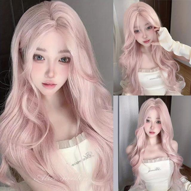 TEMU 여성용 26인치 핑크 롱 웨이브 가발, 중간 부분과 앞머리, 코스프레용 합성 가발, 소녀 같은 느낌, 자연스러운 룩, 고품질 합성 가발|코스프레