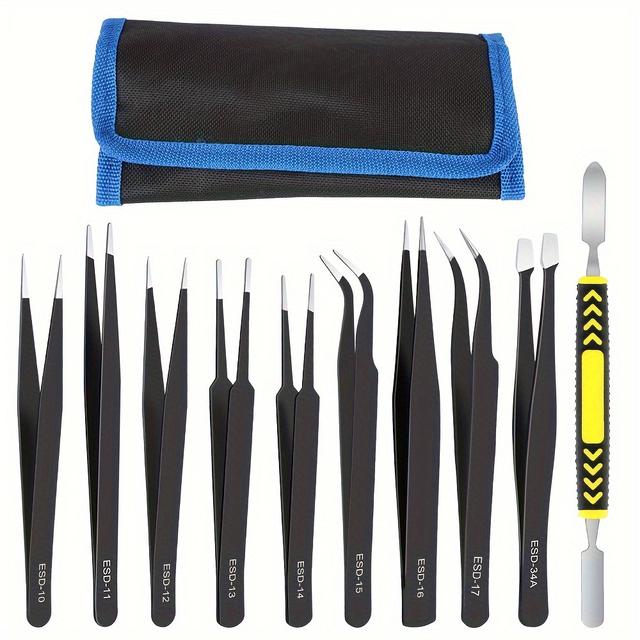 TEMU 10pcs Precision Esd Tweezers Set- Anti-static, High Carbon Steel For Electronics Repair& Crafts, Matte Black Finish