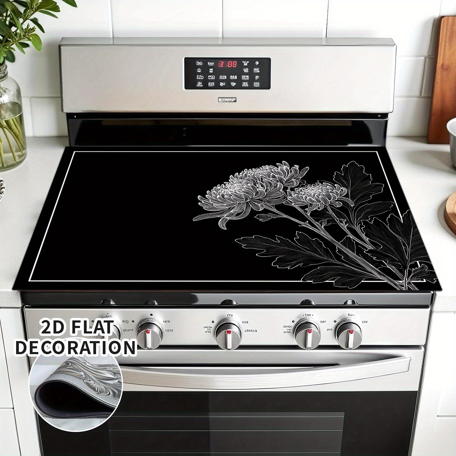 TEMU 2d Flat Decor Featuring Flowers And Leaves, Outline Electric Stove Top Cover - Rubber Lined Gas Stove Top Cover - Design, Ideal For Any Kitchen, Stove Protection, 1pc
