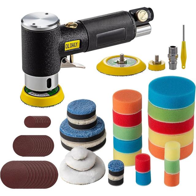 TEMU Polerka Pneumatyczna, Zestaw Szlifierki Egzentrycznej z Kompletem Polerskich Podkładek do Polerowania, Mebli i Prac Metalowych