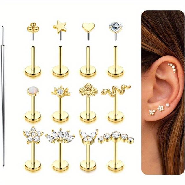 TEMU Set Of 13 Push-in Stud Earrings, In 20 And 18 Gauge With Flat Backs. Hypoallergenic, Are Made From 316 316 316l Stainless Steel And Are Perfect For Cartilage, Helix, Tragus