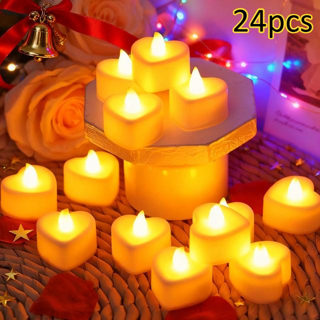 TEMU Set Of 24 Heart-shaped Electronic Candles With Included Batteries, Perfect For Creative Led Lighting For Valentine's Day, Weddings, Parties, Proposals, Birthdays, And Christmas Table Decor