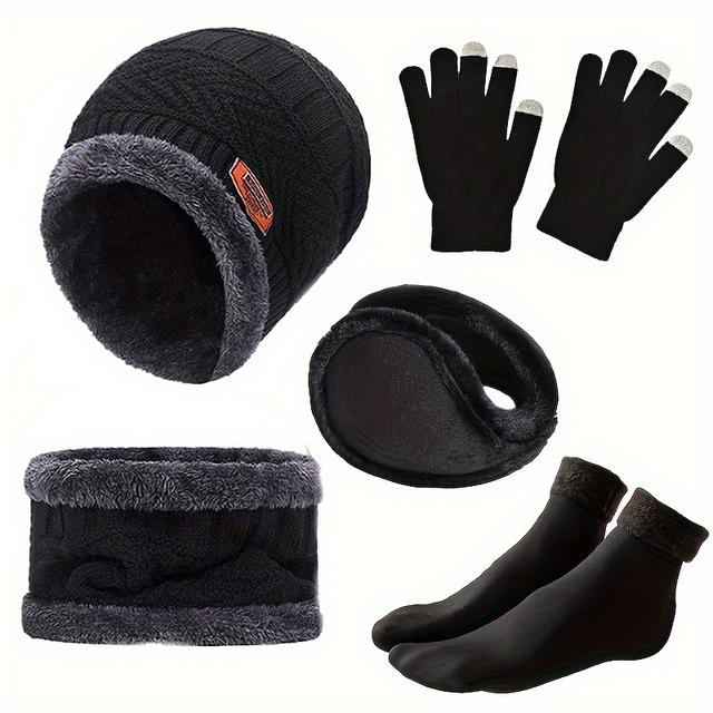 TEMU 5pcs Set Men's Winter Hat Scarf Gloves Set Fleece Lined Integrated Neck Warmer Warm Cosy Ensemble For Men Earwarmers Earlap Warmer Earmuff Warmer Socks