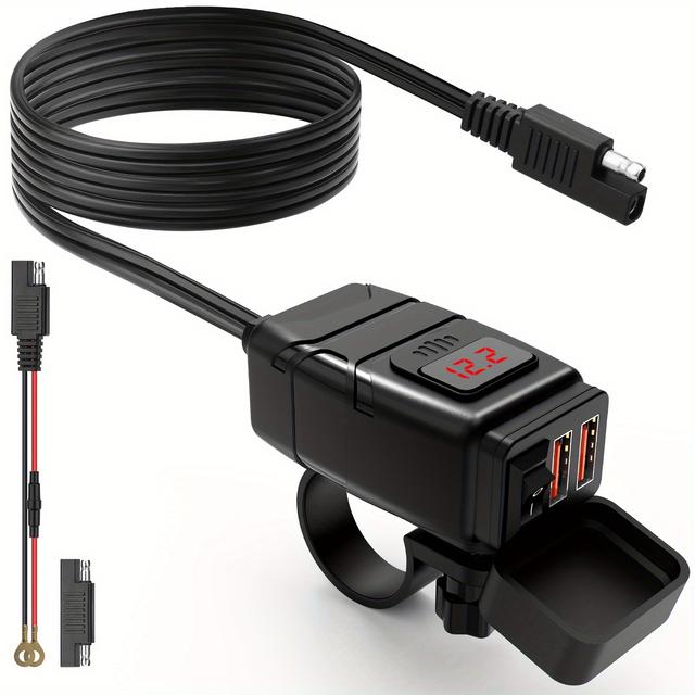 TEMU شاحن USB للدراجات النارية مزود بمنافذ مزدوجة، مقبس طاقة مثبت على المقود بجهد 12V-24V، ملحق أساسي للدراجات النارية، توصيل كهربائي ، جهد تشغيل ≤36V، لا حاجة لبطارية