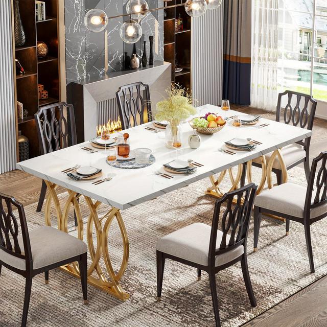 TEMU Contemporary Rectangular Dining Table, 63" In Length, Accommodates 4-6 People, Featuring A Unique Marble Tabletop And Geometric Leg Design, Ideal For Kitchen & Dining Room Settings