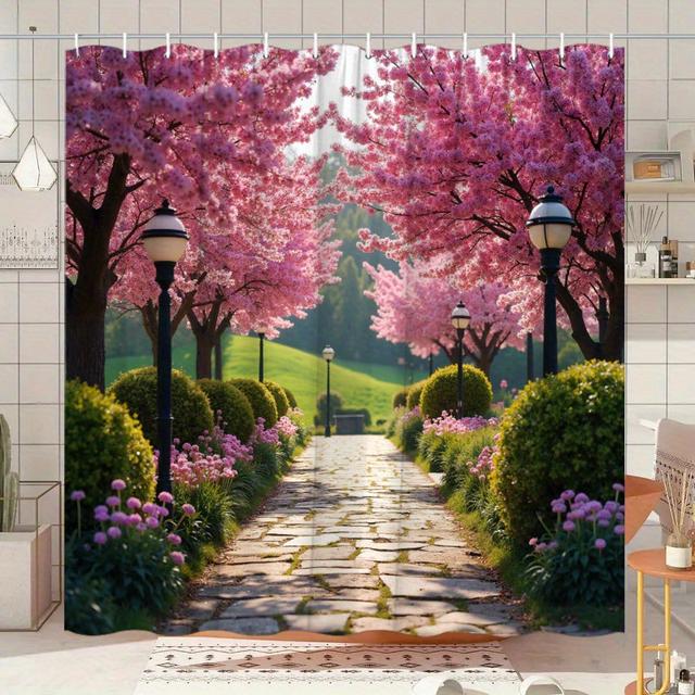 TEMU 1pieza Jardín Camino con losas de piedra y antiguas farolas de la Cortina de ducha de poliéster con flores rosas y moradas y un ambiente e idílico Cortina de baño con 12 ganchos 70x70 pulgadas