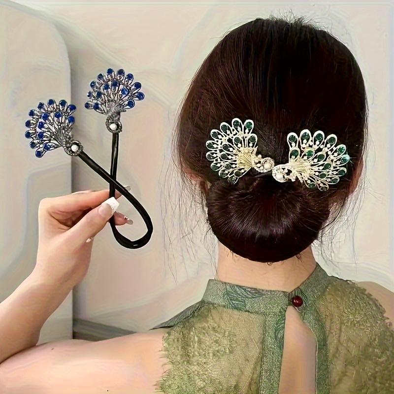 TEMU 2pcs Elegant Peacock Bun Styling Tool - French Twist Hairpin With Rhinestone Embellishments, Made Of Alloy, No Batteries Required - Fashionable Hair Additions For Women
