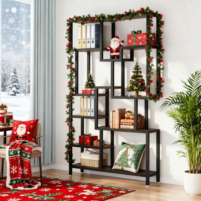 TEMU Rustic Brown 7-tier Industrial Bookshelf, 70.9" Tall Wood Bookcase With Open Display Storage Shelves, Ideal For Living Room Or Office Christmas & Holiday Displays