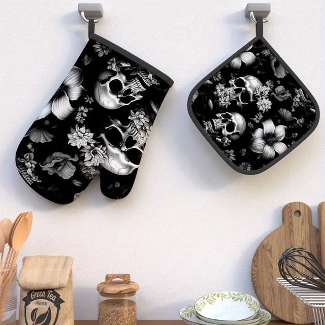 TEMU Ugnshandskar och Grytlappar som mäter 10,,7 tum, med en dödskalle- och blomdesign, värmebeständiga och för grillning, matlagning, bakning, grillning, mikrovågsugn och köksinredning