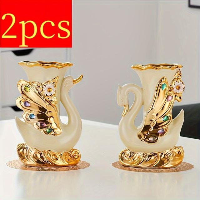 TEMU 2pcs Elegant Swan Vase Centerpieces, Ceramic Flower Vases, Vintage Style Cylindrical Home Decor, European Creative Tabletop Ornaments, No Power Required, Battery-free