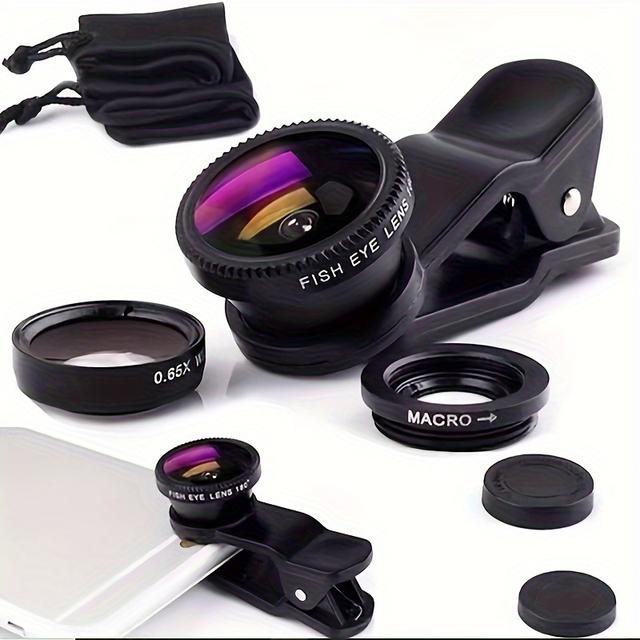 TEMU 3in 1 Professional Phone Lens Set, 0.65x Wide Angle Fisheye 180 °+10x Macro Lens, Compatible With And Google Pixel, Supports And Shooting