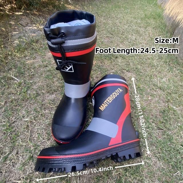 TEMU メンズ滑り止めスチールスパイブーツ - 耐久性のあるブラックラバー＆フィッシングブーツ、調節可能なドロークロージャー付き、赤い装飾ストライプ＆レタープリントデザイン、アウトドアスポーツ用、ブーツ、安全フィットシューズ