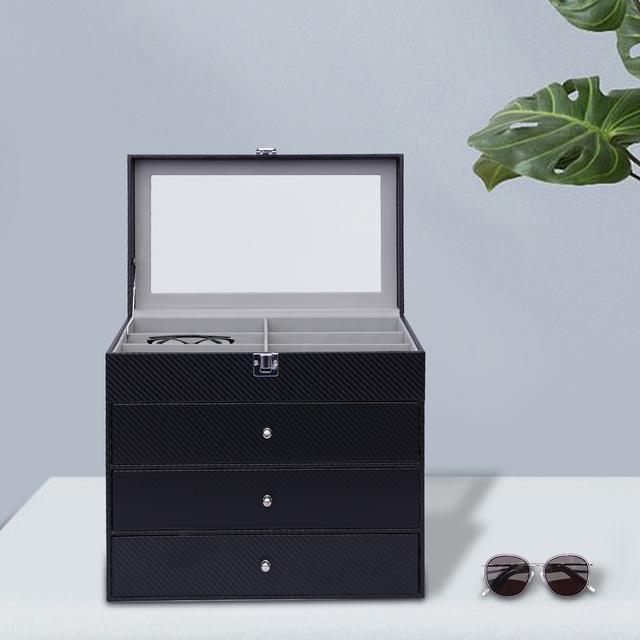 TEMU 4-lagiger 24-Schlitz-Brillenorganizer, Kunstleder-Brillenaufbewahrungsbox mit Schublade, abschließbare Vitrine für Herrenaccessoires,