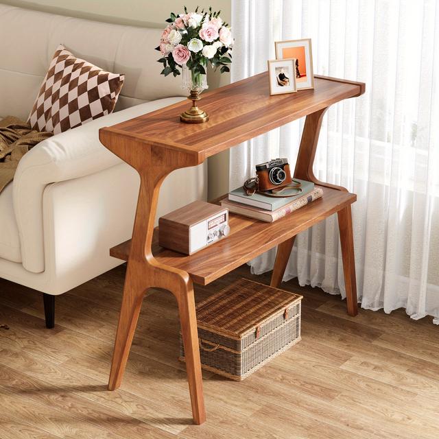 TEMU Table d'angle étroite pour salon, table de chevet longue avec étagères de rangement, pieds en bois pour chambre à coucher, , facile, .