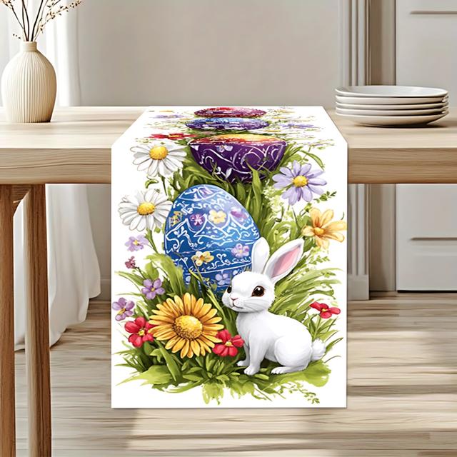 TEMU Easter Bunny And Colored Egg Floral Table Runner, Featuring An Elegant That Adds Festive Atmosphere And Vibrant Color To . Suitable For Dining Rooms, Corridors, Living Rooms, And Coffee Tables