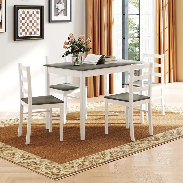 TEMU Maxmass 5pcs Farmhouse Dining Set, Wooden Table & 4 Chairs W/ Solid Rubber Wood Legs | Space-saving Acacia Veneer Table & Chair Set For 4 | Ideal For , Casual Gatherings