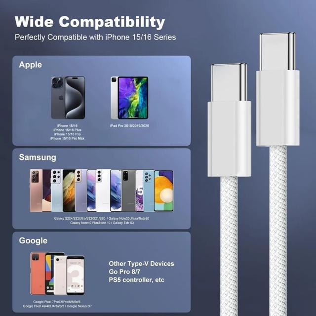 TEMU 2 cables USB C de carga rápida de 2M: Para for iphone 16 Series, 60W Tipo C a USB-C, Adaptador de 20V 3A, Compatible con for samsung for galaxy, , for iPad Pro, Google Pixel