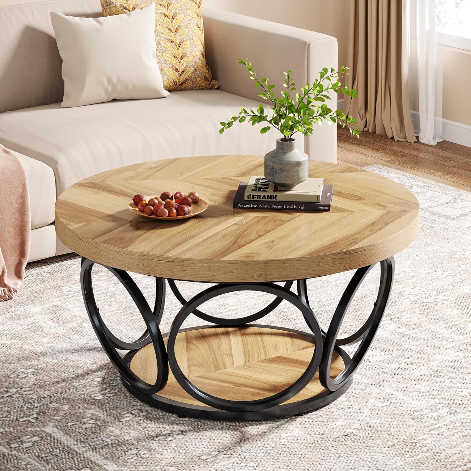 TEMU Table basse circulaire 80 cm, table en bois de ferme spacieuse à niveaux, table à thé marron facile et avec texture de bois