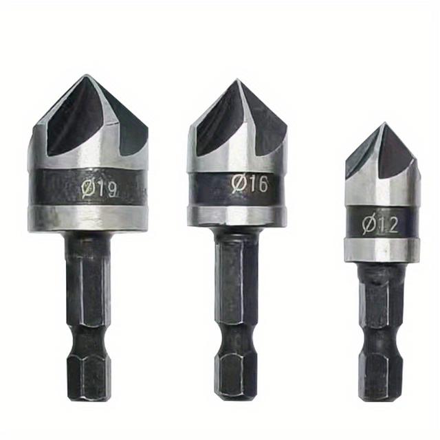 TEMU 3pcs Hex Shank Hss Countersink Deburring Drill Bit Set, Five-flute 90 Degree Chamfer Tool, Woodworking Boring Tools For Wood Metal Drilling And Deburring Sinterklaas