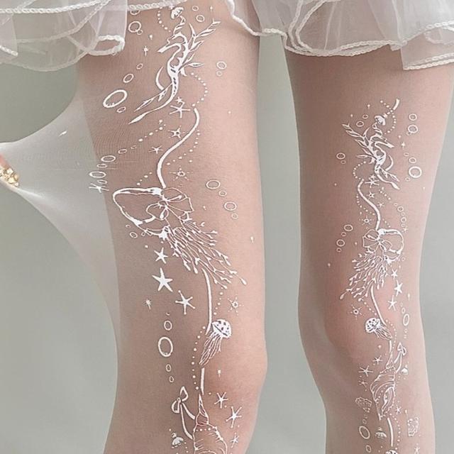 TEMU 1 Pair Of Ocean Print White Stockings Pure Desire Cute Socks Women's Spring And Summer Thin White Stockings